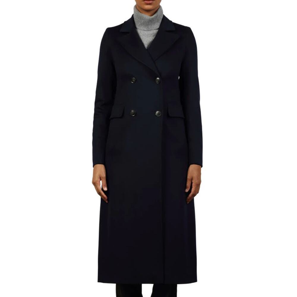 FLEURETTE Blake Double Breasted Long Wool‎ Coat In Midnight 12 NEW
